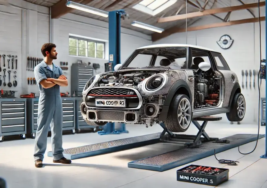 Mini Cooper R56S s rozebranou přední částí na zvedáku
