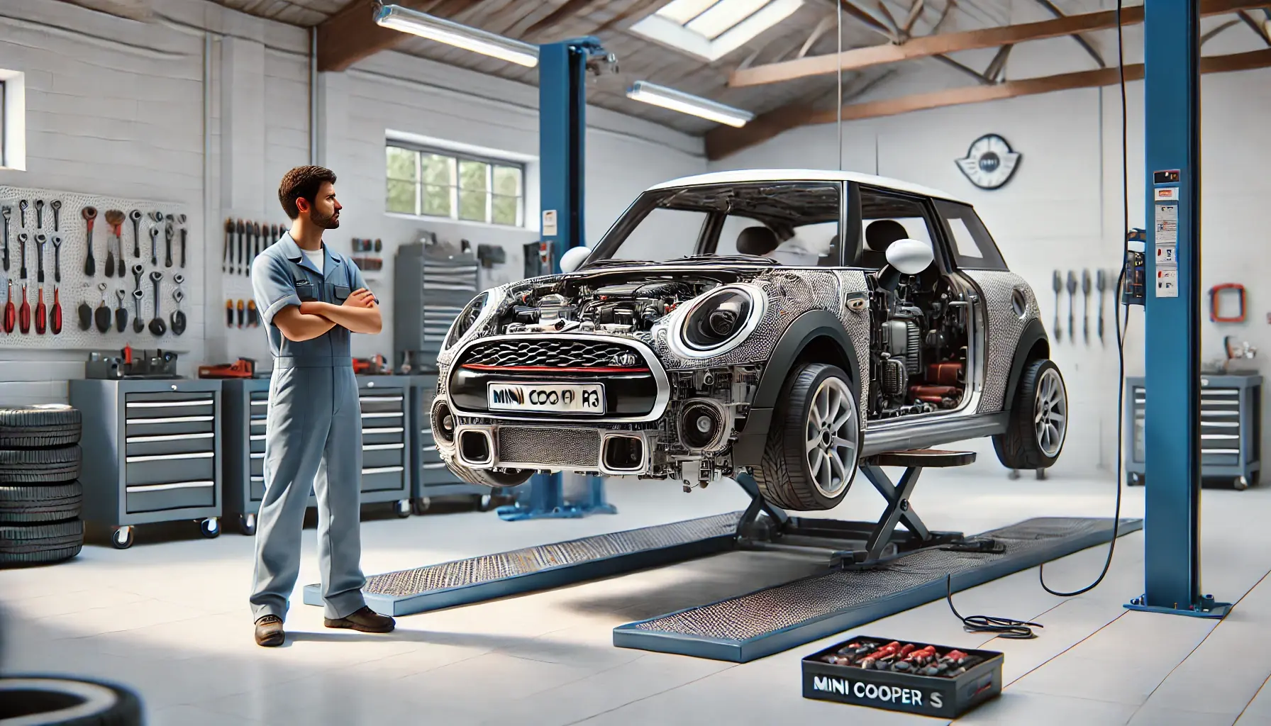 Mini Cooper R56S s rozebranou přední částí na zvedáku