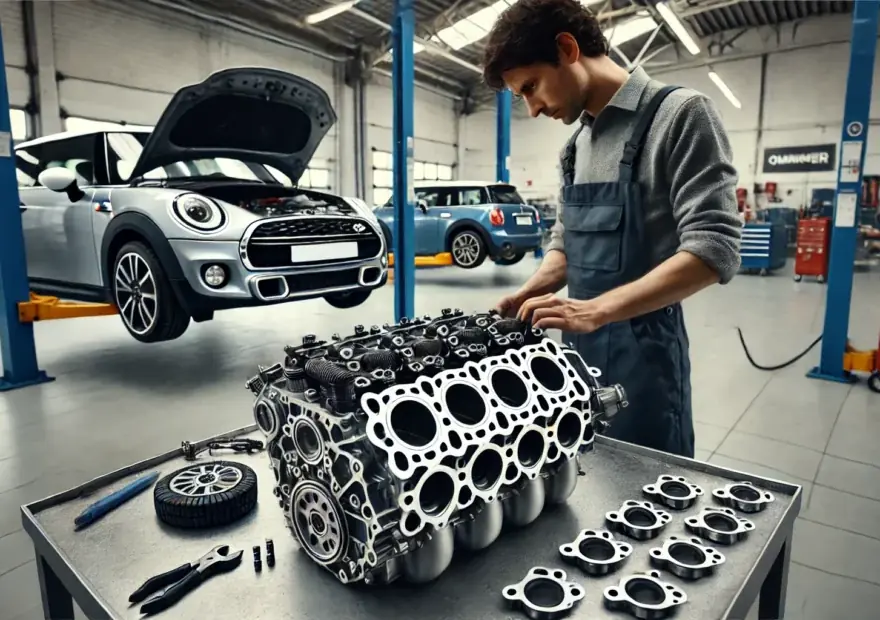 Mini Cooper R56S na zvedáku při opravě motoru
