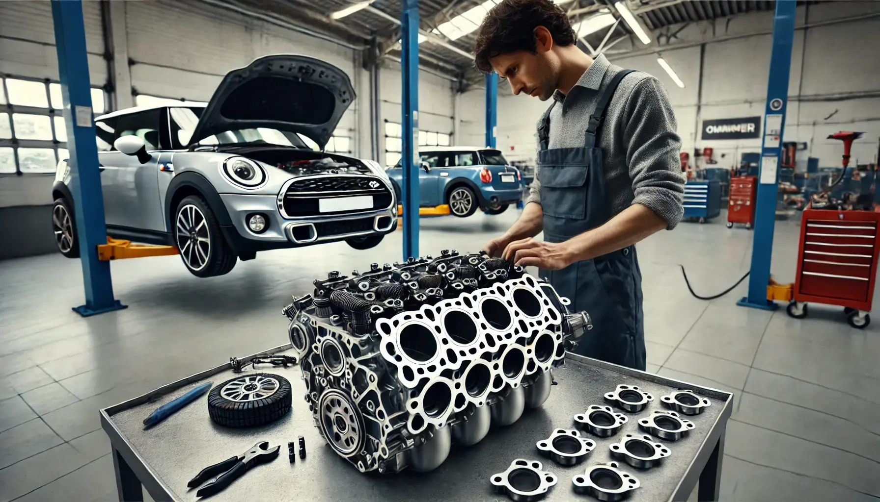 Mini Cooper R56S na zvedáku při opravě motoru