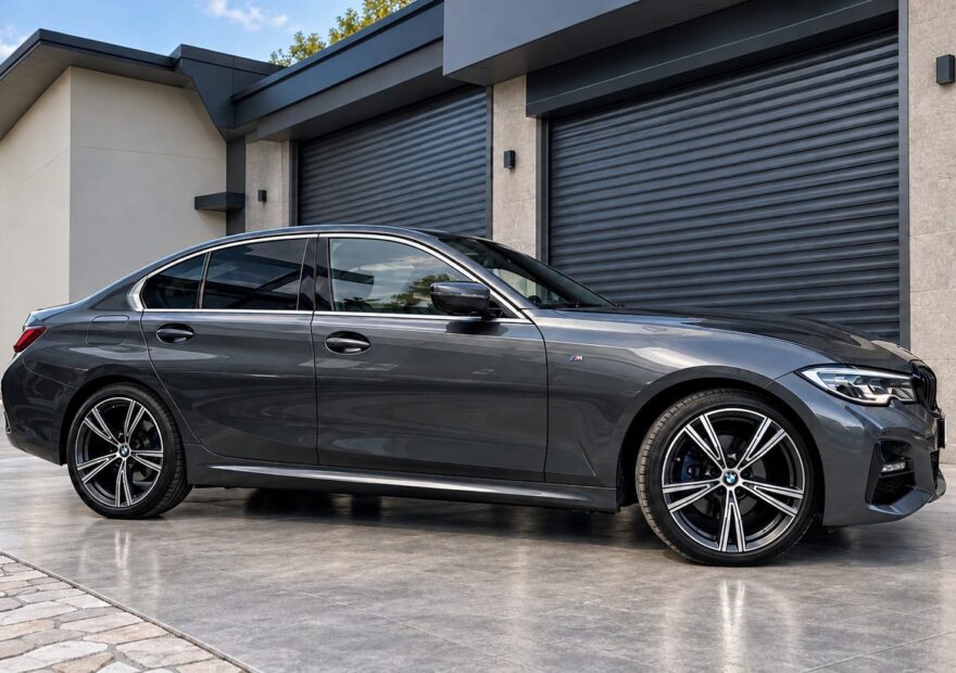Šedé BMW 320d xDrive M Sport G20 z boku před garáží