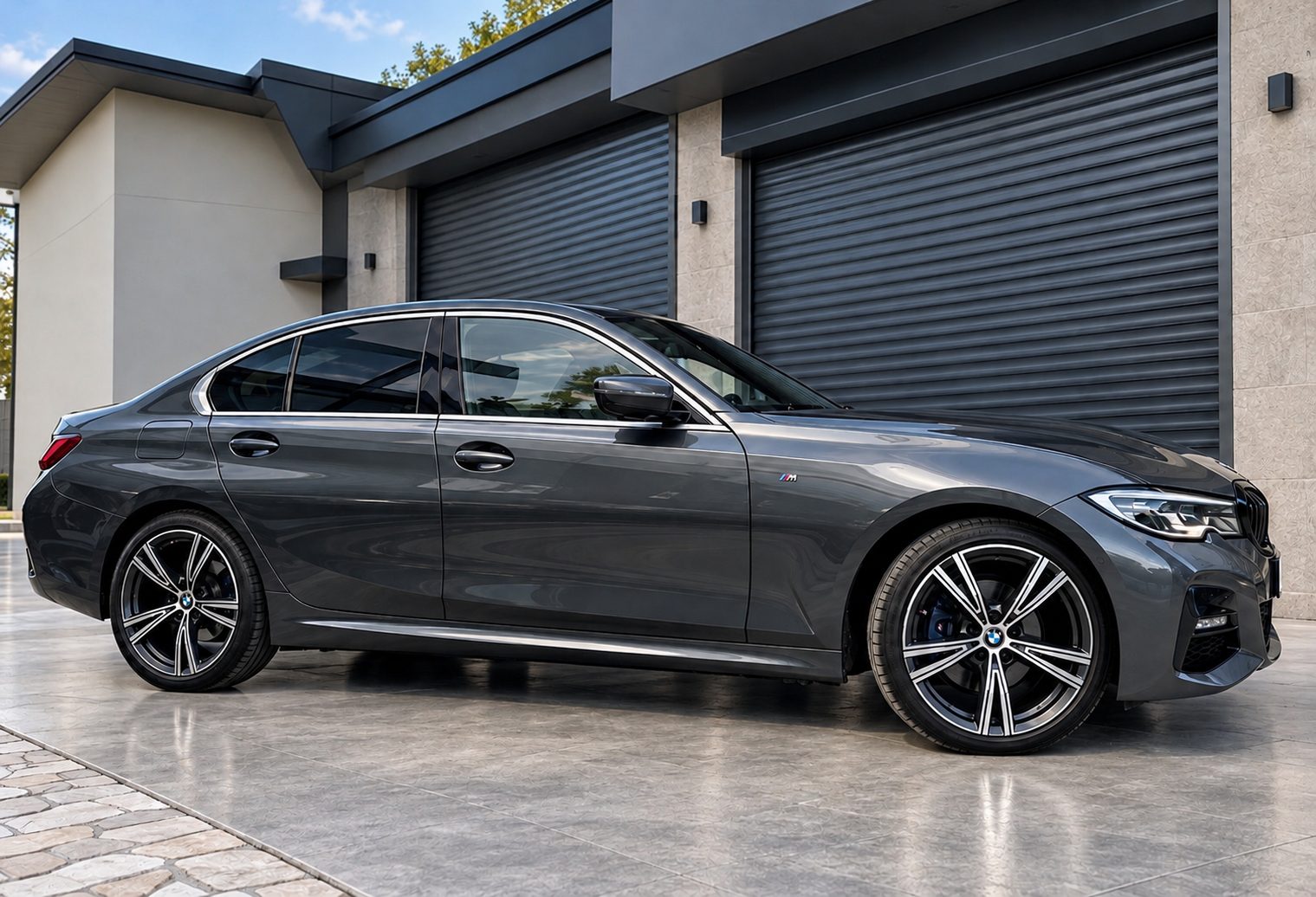 Šedé BMW 320d xDrive M Sport G20 z boku před garáží