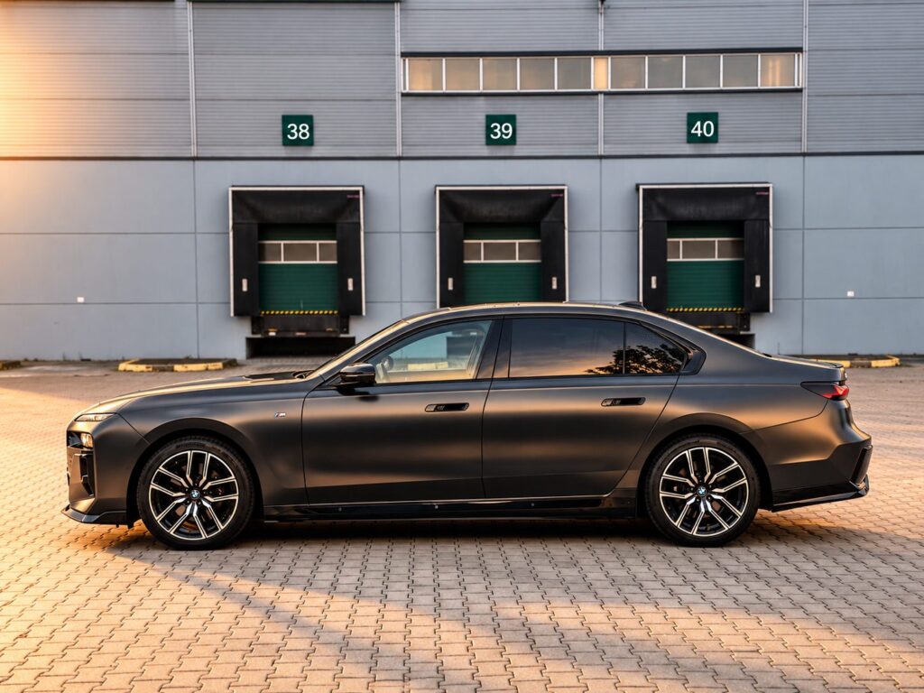 Matně šedé BMW i7 xDrive60 z levého boku s 20palcovými koly