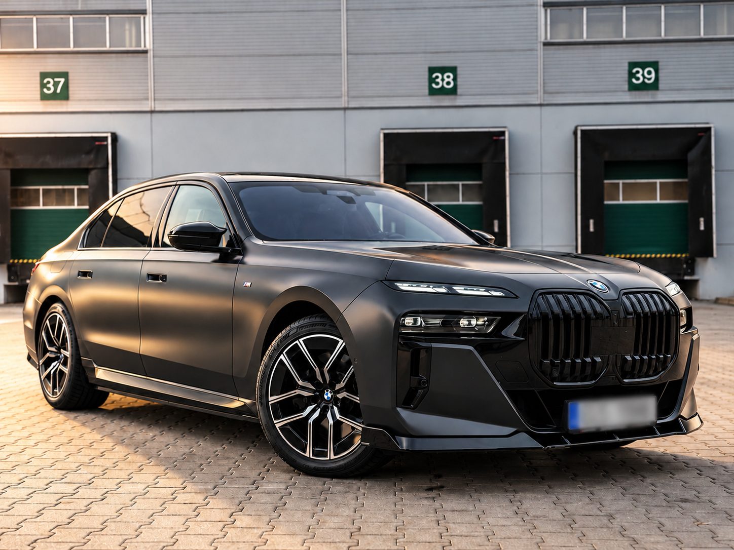 Matně šedé BMW i7 xDrive60 G70 zepředu z boku před logistickou halou