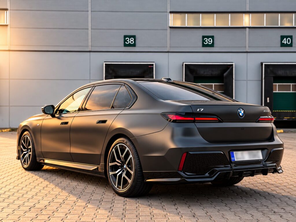 BMW i7 xDrive60 G70 zezadu z boku s úzkými zadními svítilnami