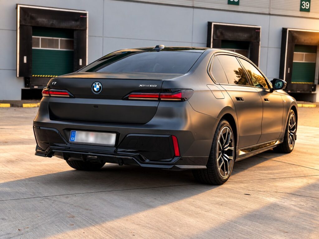Zadní část BMW i7 xDrive60 s M zadním spoilerem a označením xDrive60