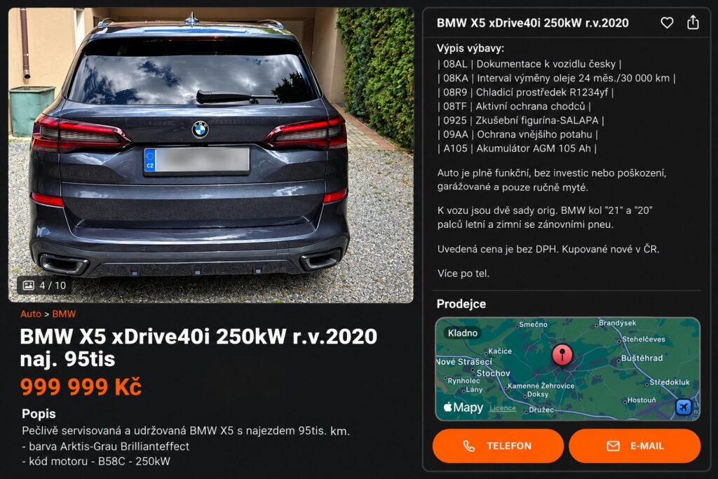 Inzerát na BMW X5 xDrive40i za 999 999 Kč s popisem „bez investic nebo poškození“