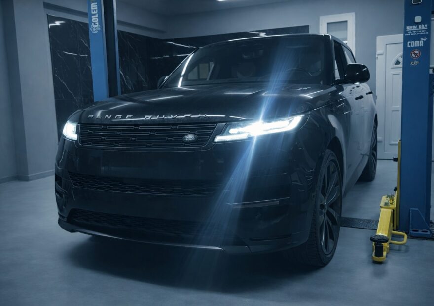 Černý Range Rover Sport s rozsvícenými světlomety v dílně