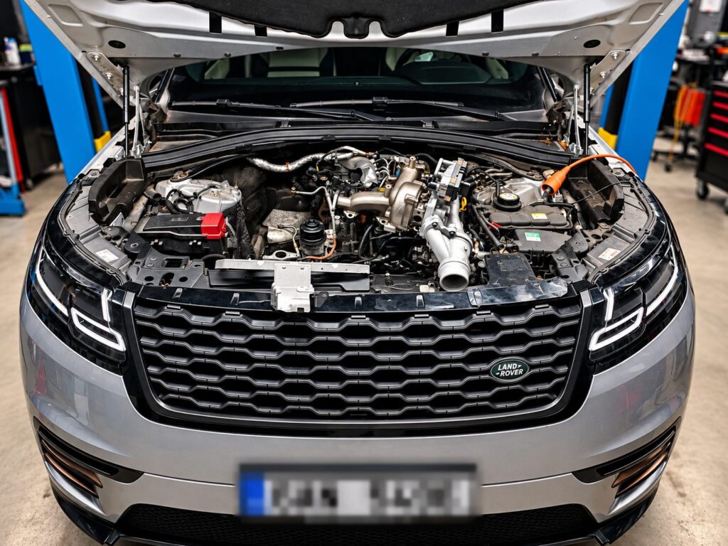 Otevřený motorový prostor Range Roveru Velar během opravy