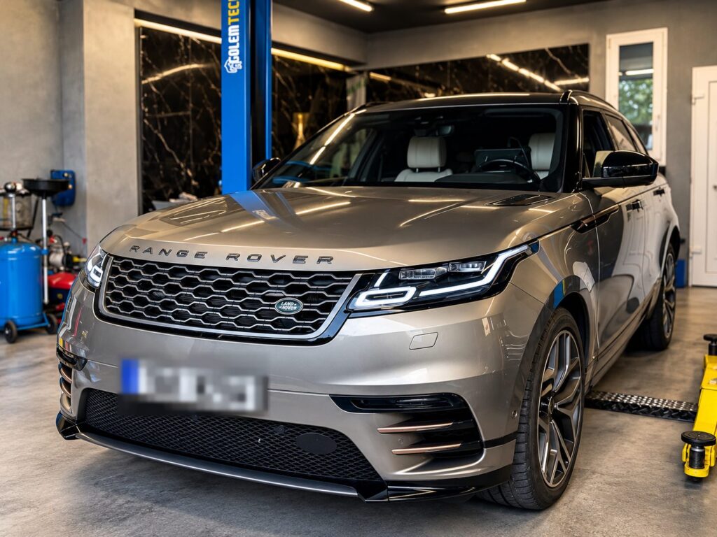 Range Rover Velar v dílně u zvedáku