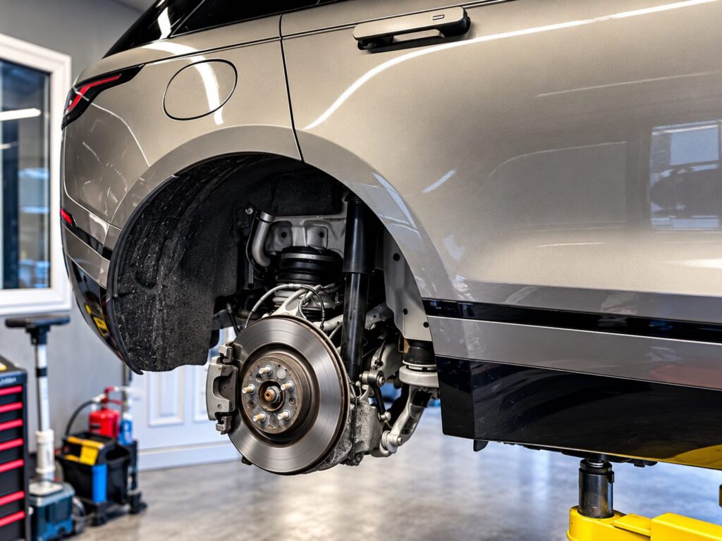 Range Rover Velar na zvedáku s demontovaným zadním kolem a brzdovým kotoučem