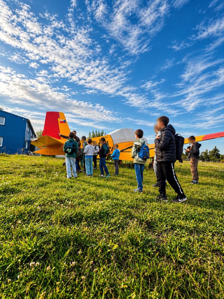 Děti z kroužku Junior Technik u žlutého letadla na travnaté ploše