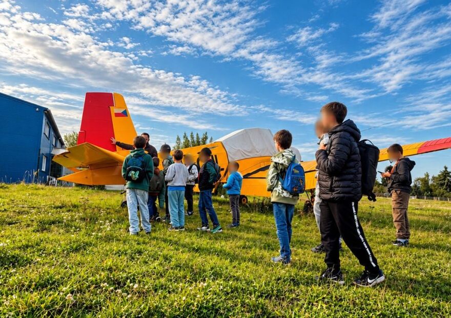 Děti z kroužku Junior Technik u žlutého letadla na travnaté ploše